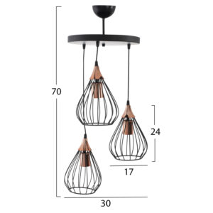 CEILING PENDANT 3-LIGHT ASSYMETRICAL HANGING BLACK METAL Φ30x70Hcm.HM7685.01